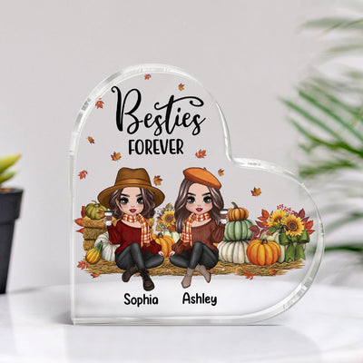 Fall Season Doll Besties Sitting In Pumpkin Patch Personalized Heart Acrylic Plaque