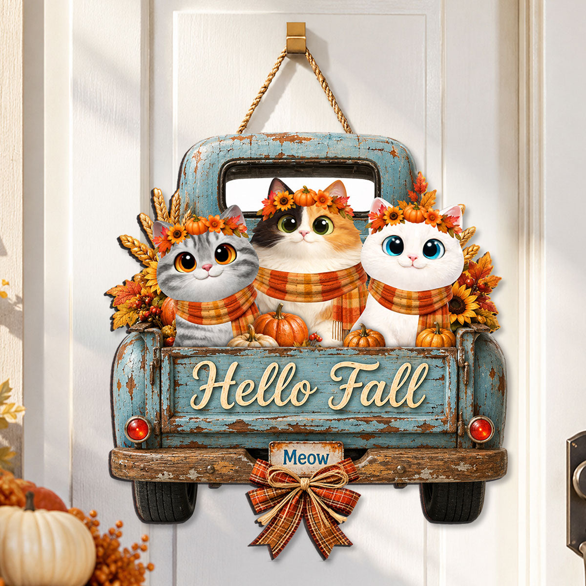 Hello Fall Pumpkin Cats - Personalized Door Hanger Sign - Cozy Fall Decor for Cat Lovers