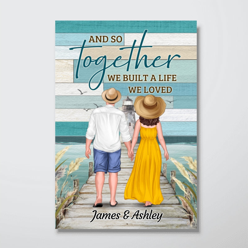 Green Color Palette Back View Couple Holding Hands Walking On The Bridge Personalized Vertical Poster