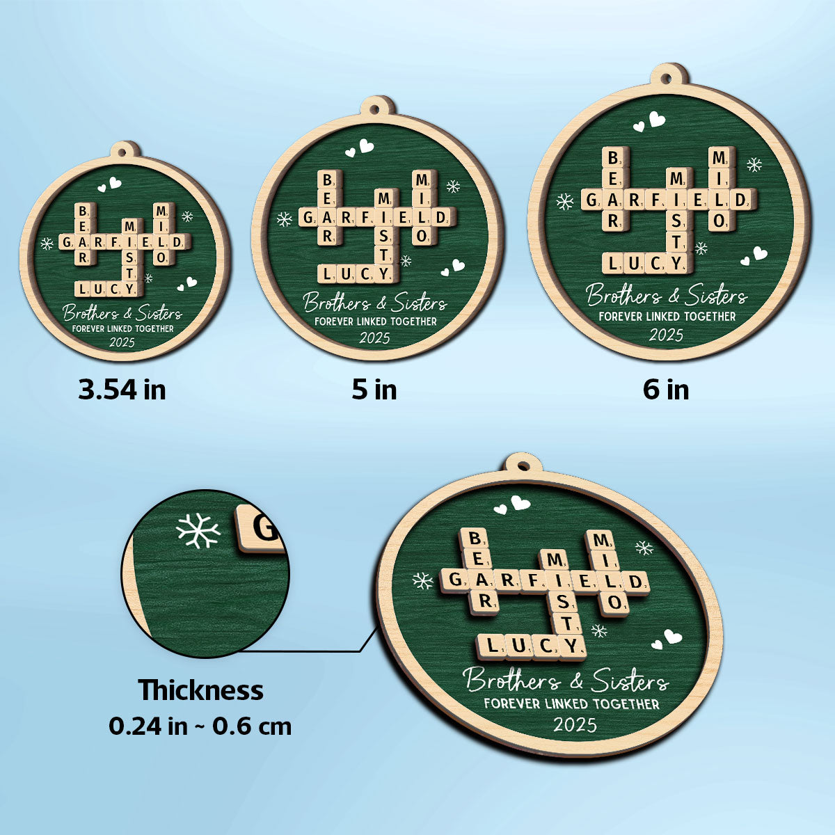 Siblings Forever Linked Together Crossword Puzzle Art - Personalized 2-Layer Wooden Ornament