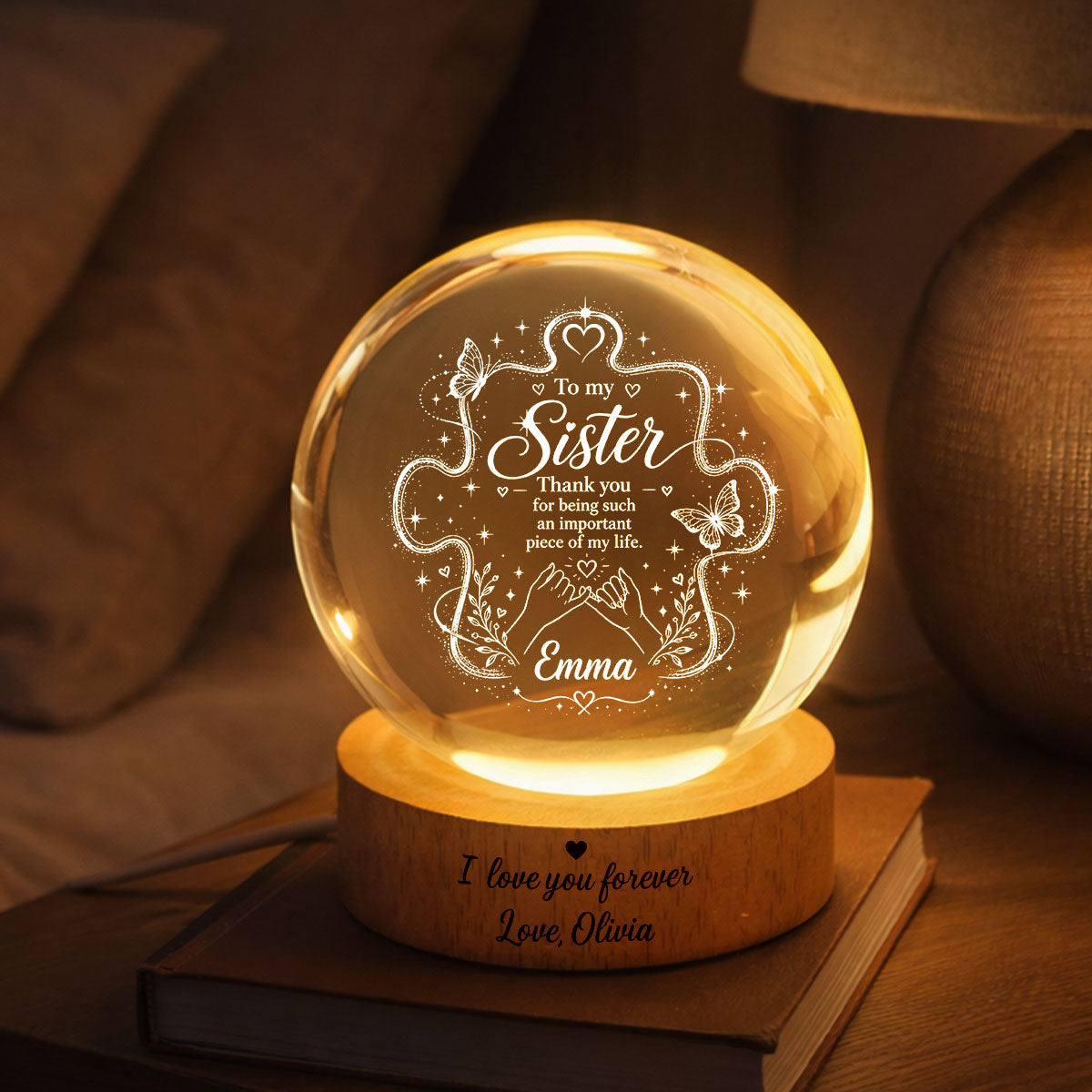 Sister Thank You for Beng an Important Piece - Personalized Crystal Ball LED Night Light - Christmas Gift for Sisters, Siblings
