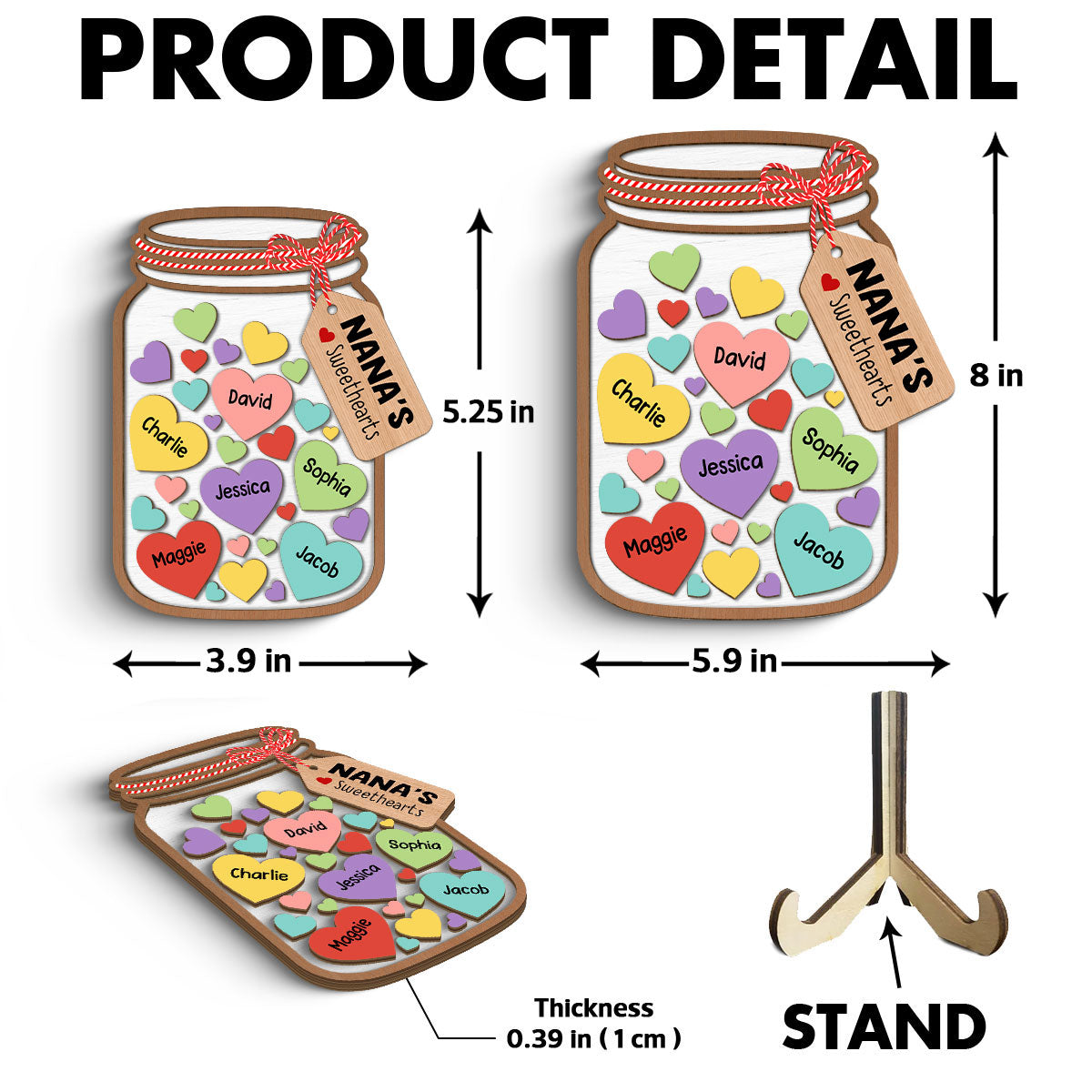 Grandma Mom Colorful Sweethearts Mason Jar Personalized 2-layer Wooden Plaque