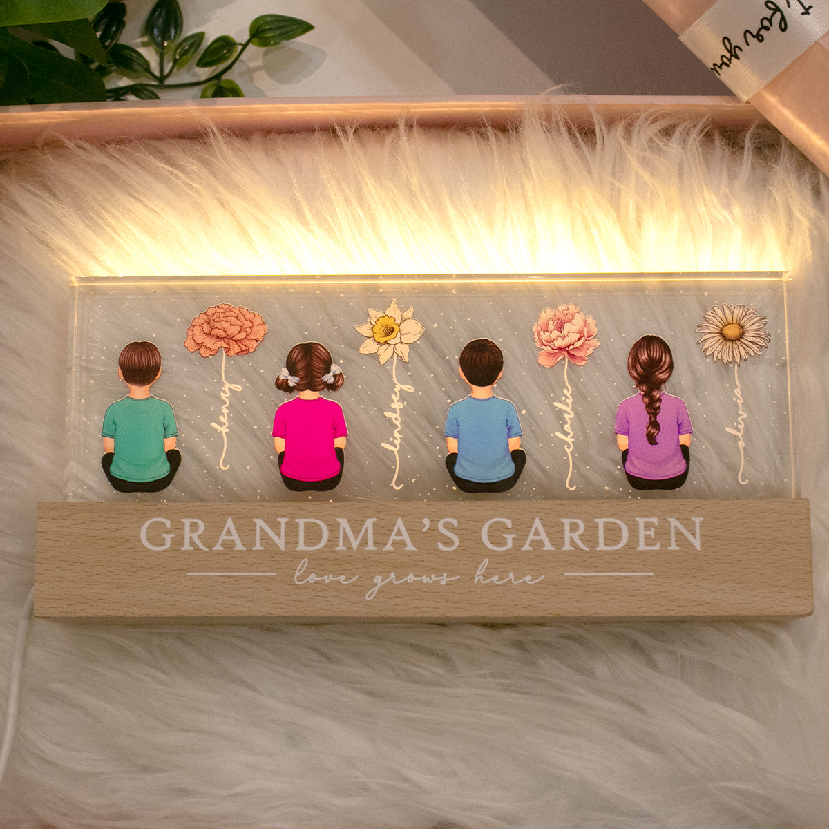 Vintage Birth Month Flowers Grandma's Garden - Personalized Acrylic Block Plaque LED Night Light - Gift for Mom, Gift for Grandma, Gift for Wife