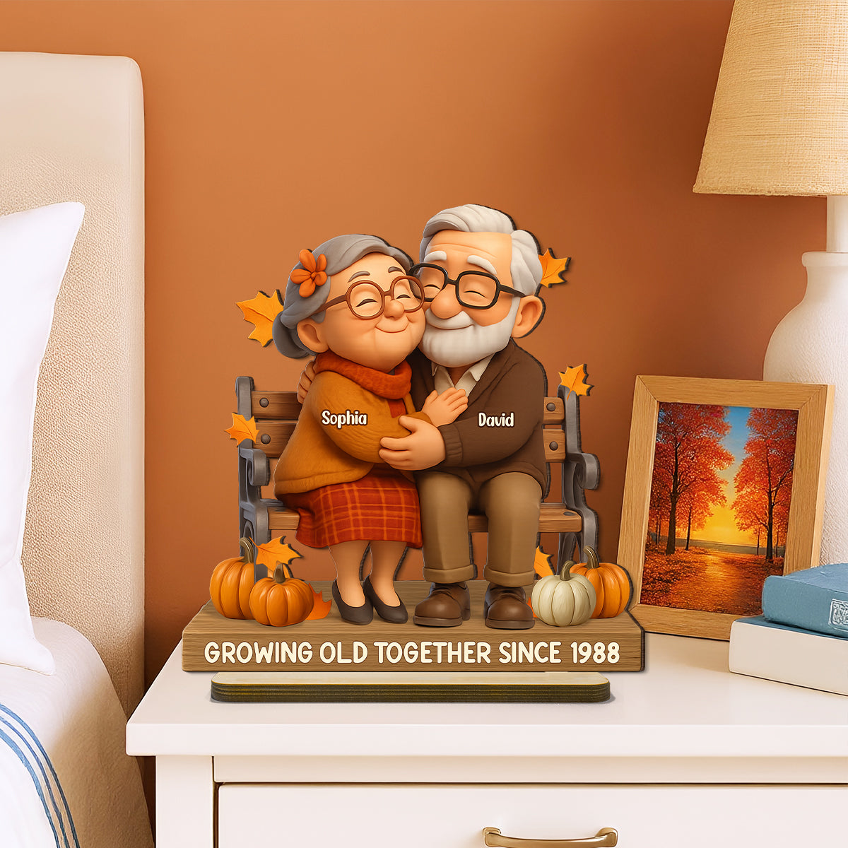 Old Couple Sitting Hugging Personalized Standing Wooden Plaque, Fall Decor for Couples