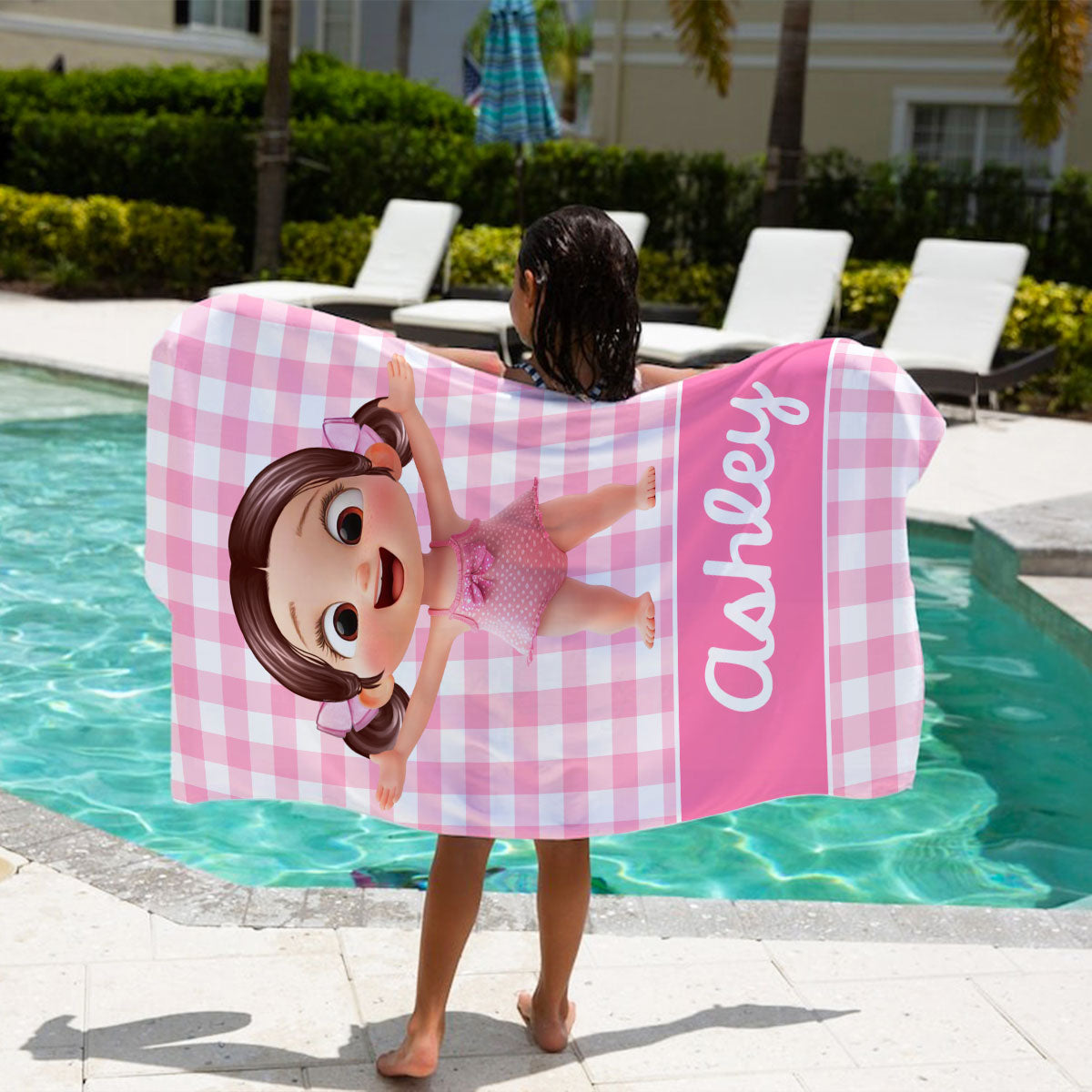 Cartoon Cute Kid Personalized Beach Towel, Pool Party Towel, Summer Camp Towel for Kids