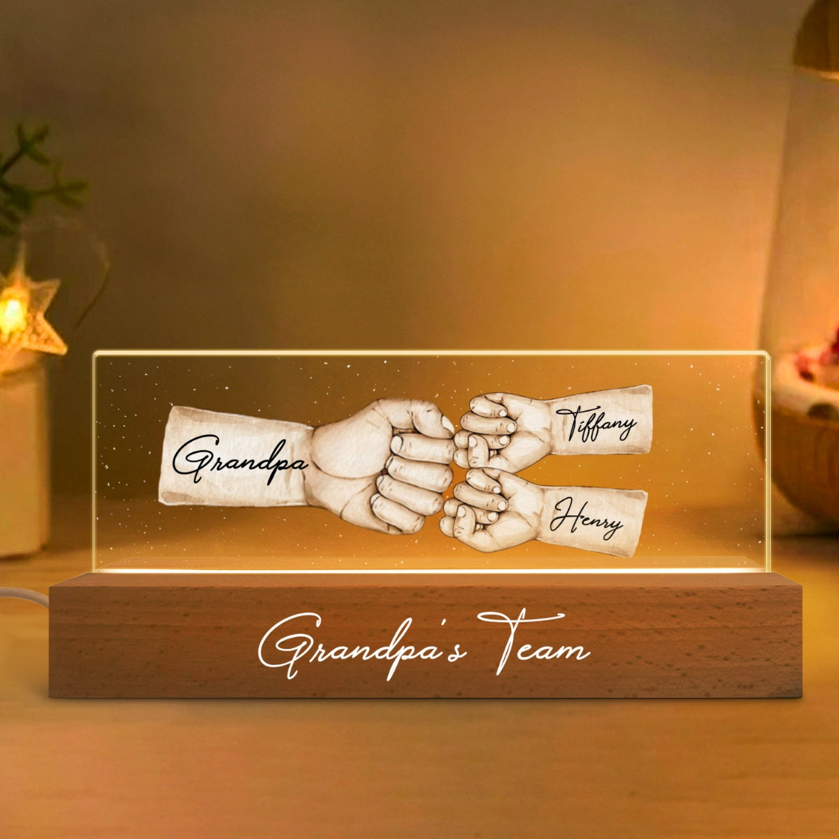 Grandpa's Team Fist Bump Personalized Acrylic LED Night Light, Father's Day Gift For Grandpa