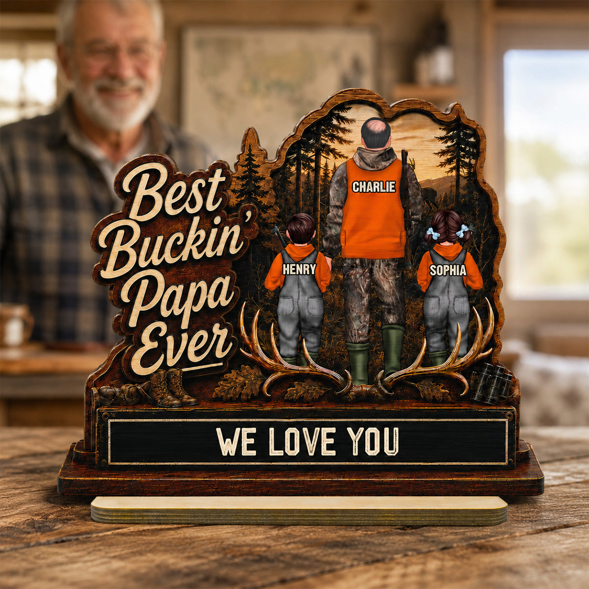 Best Buckin' Dad Papa Ever Hunting Man & Kids 2D Flat - Personalized 2-Layered Wooden Plaque - Father's Day Gift For Hunting Dad, Grandpa