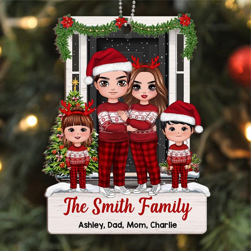 Doll Family Standing At Front Door Christmas Personalized Wooden Ornament