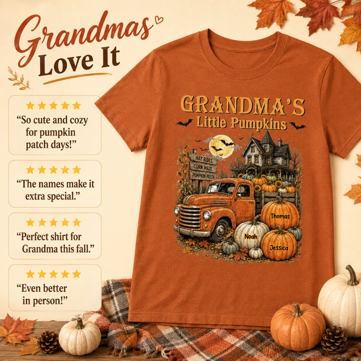 Retro Vintage Farmhouse Halloween Town Style Grandma's Little Pumpkins Truck - Personalized Shirt - Halloween Gift For Grandma