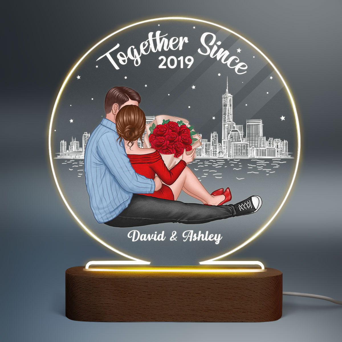 Couple Sitting Together Under Stars Personalized Circle Acrylic Plaque With LED Night Light - Valentine‘s Day Gift, Anniversary Gift For Her - Gift For Him