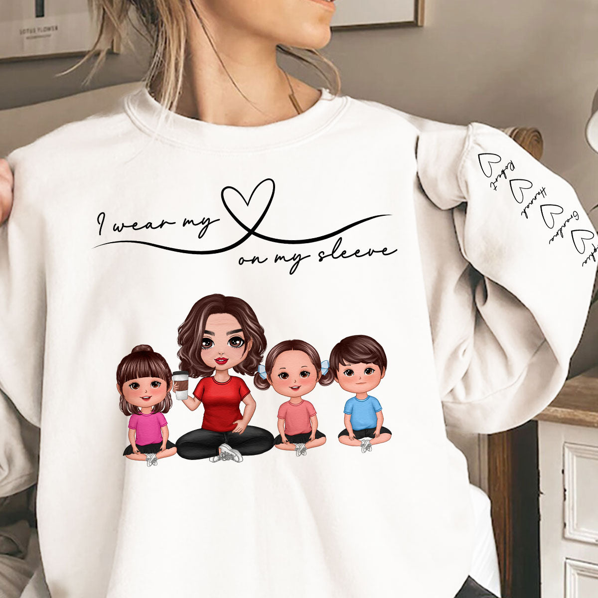 Grandma Mom Wear Her Heart On Her Sleeve, Beautiful Heart Design, Personalized Sleeve Printed Sweatshirt, Gift For Grandma