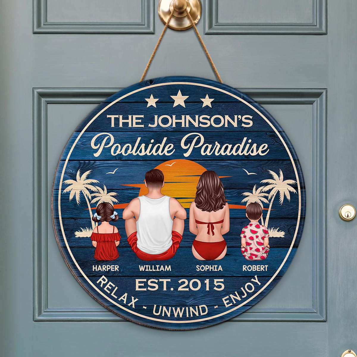 Relax Unwind Enjoy Poolside Paradise Family Sitting Personalized Wood Sign