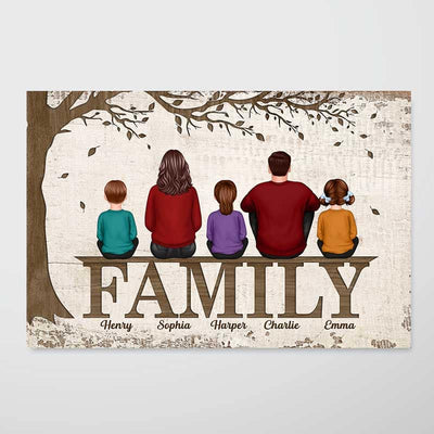 Family Dad Mom Kids Dogs Cats Sitting Under Tree Personalized Horizontal Poster