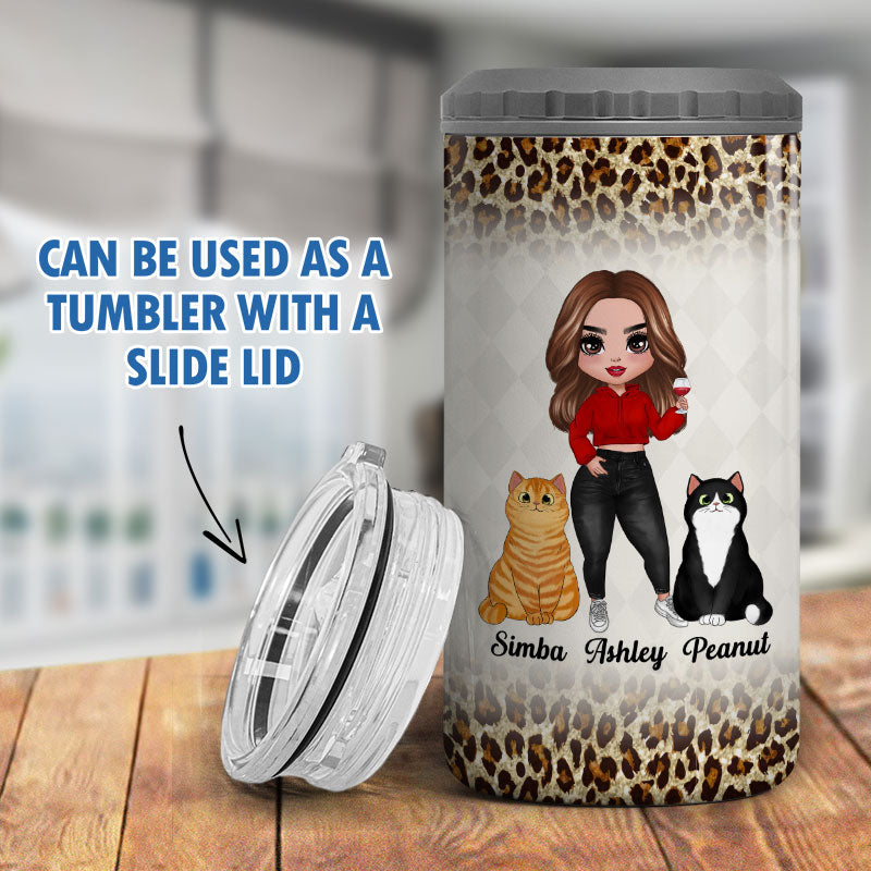 Cat Mom Cannot Survive On Wine Alone Leopard Multi Use Tumbler - Personalized 4 In 1 Can Cooler - Gift For Cat Moms
