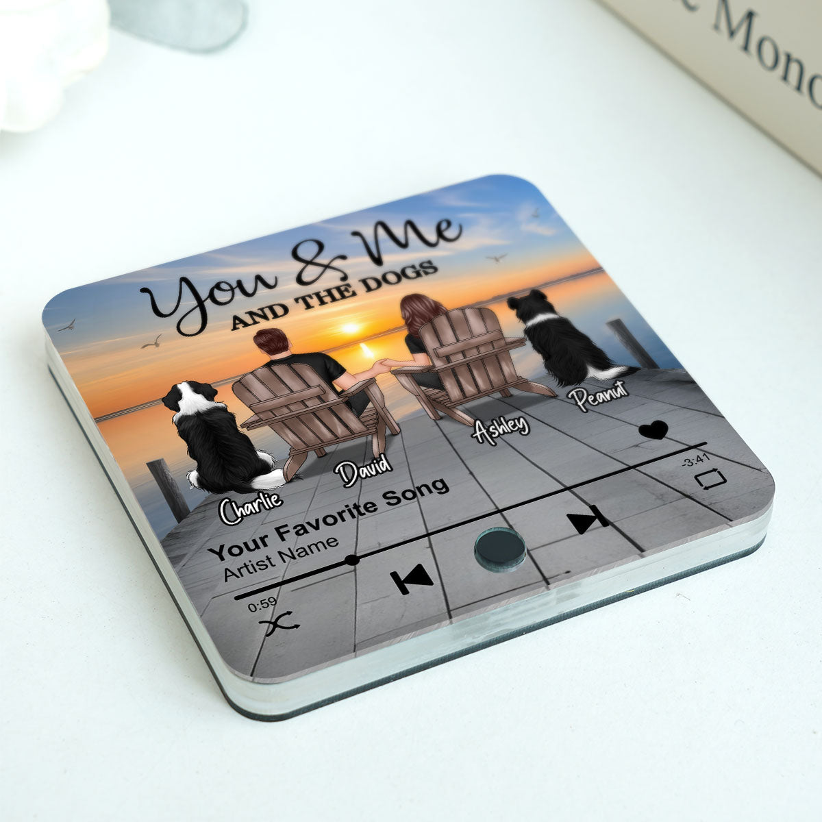 Couple You Me And The Dogs Cats Sitting On Lake Dock Personalized Music Fridge Magnet, Gift For Couple, Dog Lovers, Cat Lovers, Pet Lovers
