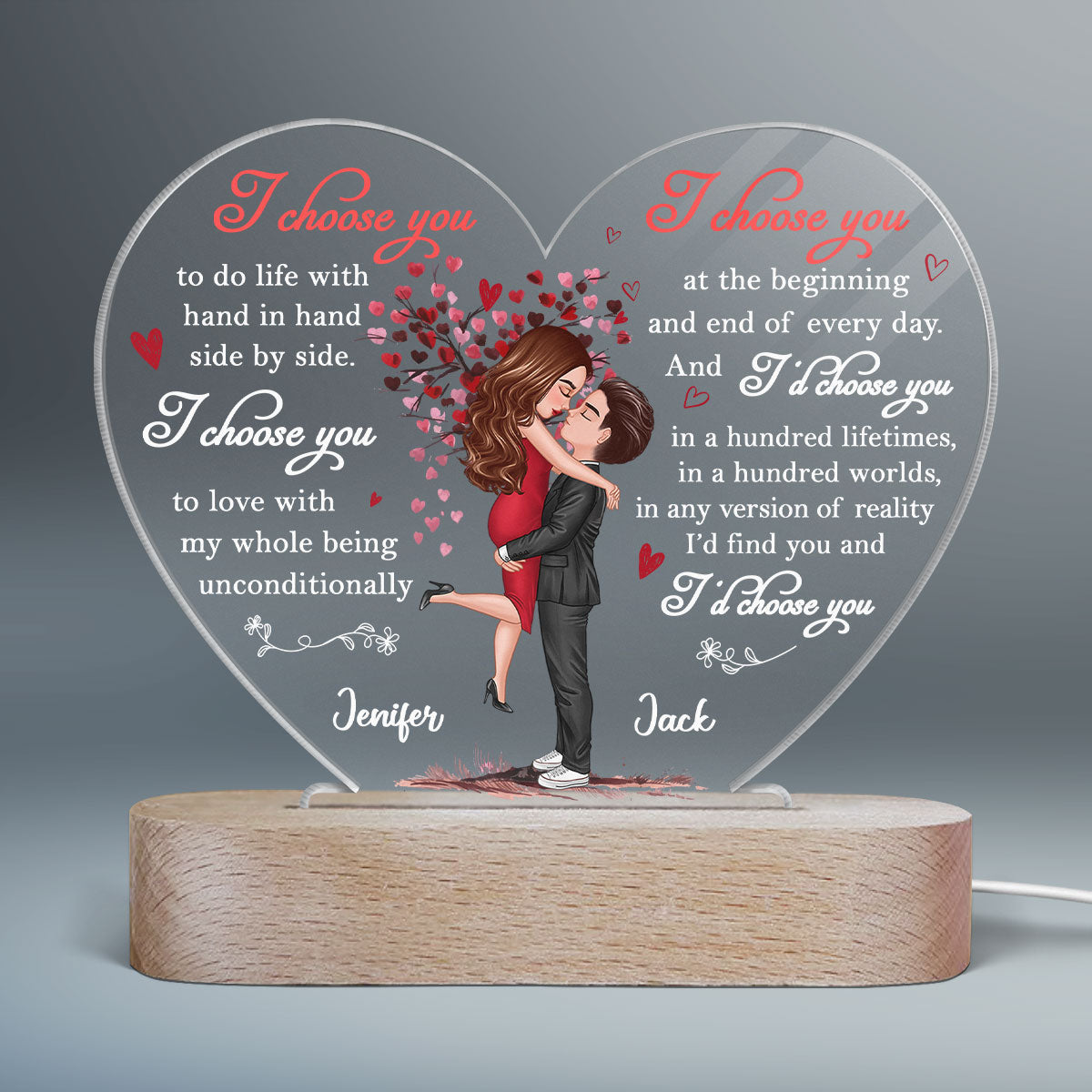 I Choose You Doll Couple Fingerprint Personalized Heart Plaque LED Night Light