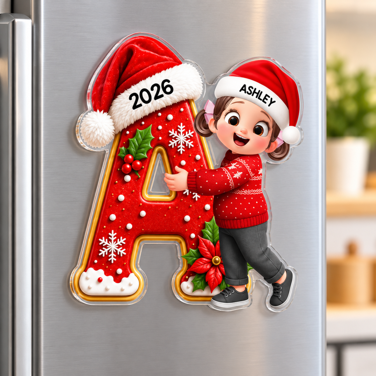 Joyful Christmas Letter Hug - Personalized Acrylic Fridge Magnet - Gift For Boys, Girls, Grandkids