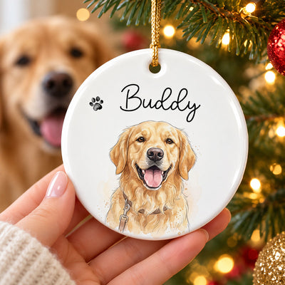Custom Watercolor Pet Portrait from Photo - Personalized Ceramic Ornament - Christmas Gift for Dog Cat Lovers, Pet Memorial Keepsake