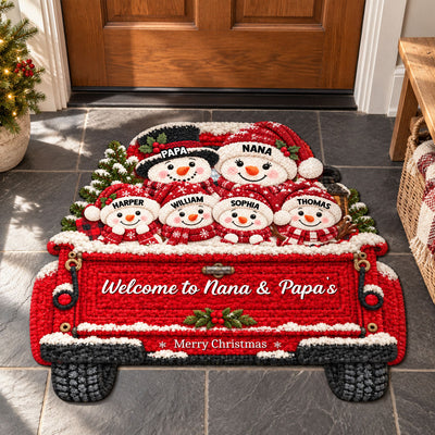 Christmas Cute Snowman Family On Truck 2D Flat Printed - Personalized Doormat - Christmas Decor For Family, Grandparents