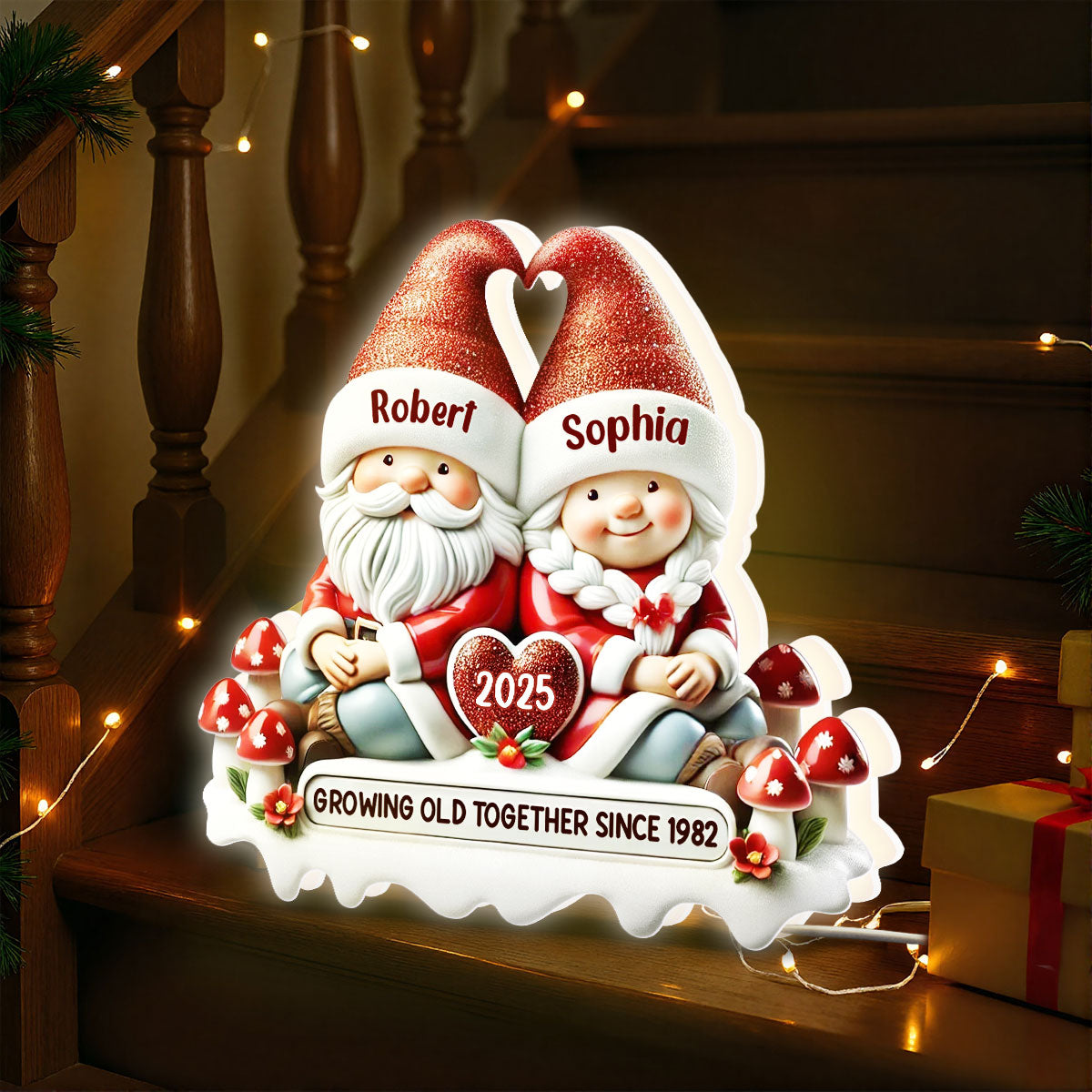 3D Effect Gnome Couple Growing Old Together Christmas - Personalized Light Box