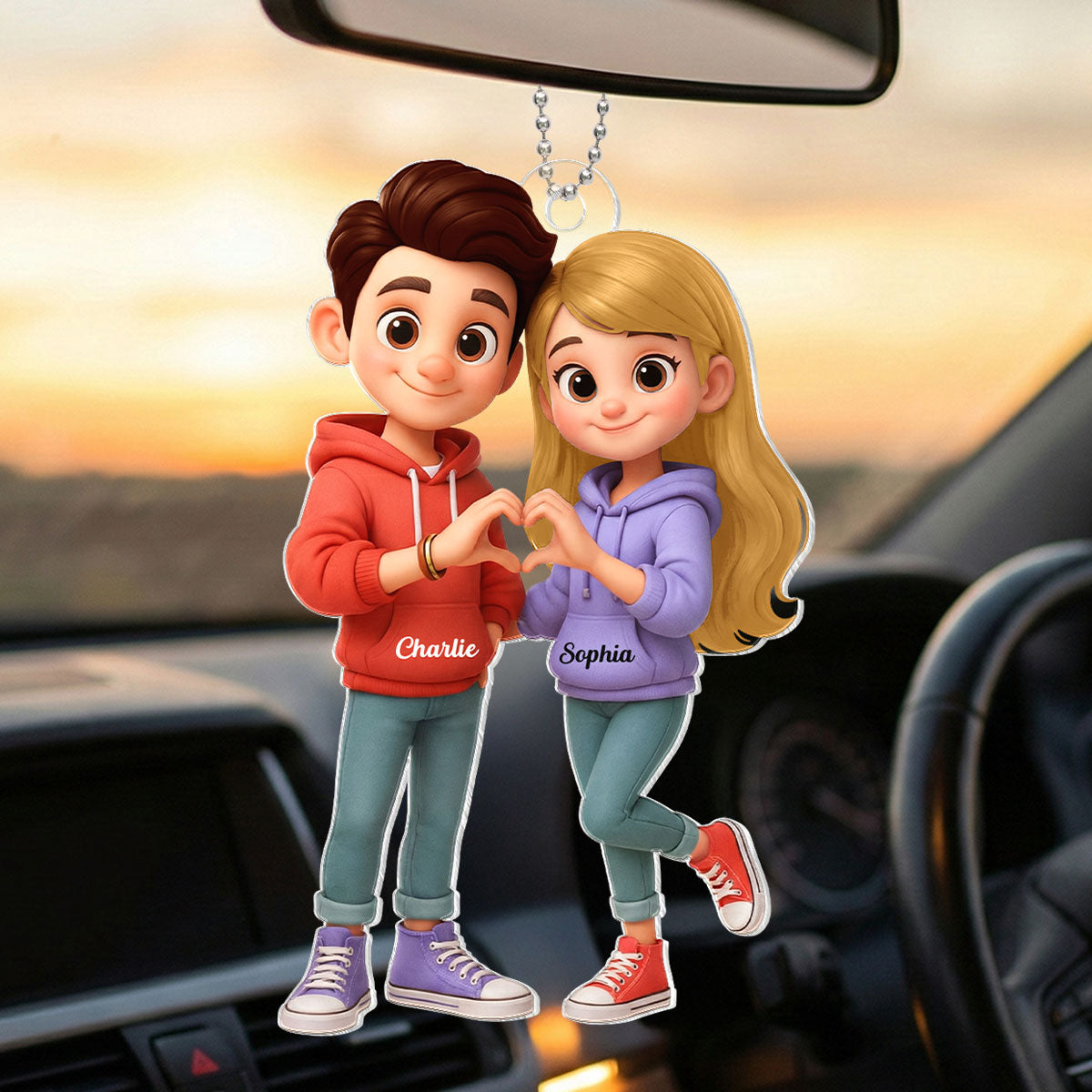 Cute Cartoon Couple Heartfelt Moment - Personalized Acrylic Car Hanger - Sentimental Gift for him, for her
