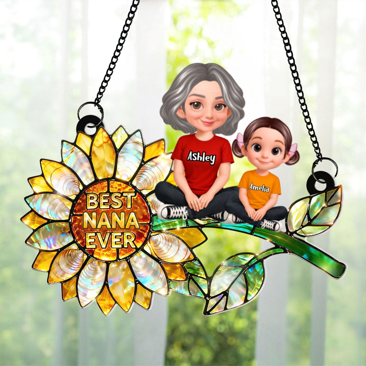 Sunflower Grandma and Grandkids Sitting - Personalized Window Hanging Suncatcher - Mother's Day Gift for Mom, Wife