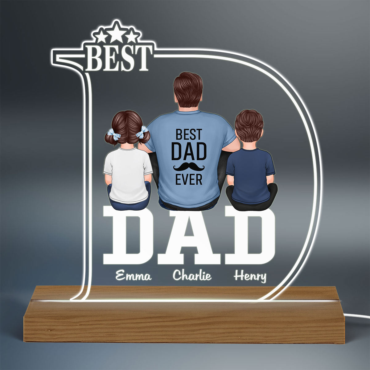 D Letter Best Dad And Kids Back View Personalized Custom Shape Acrylic LED Night Light