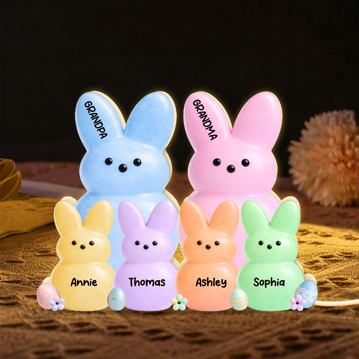 Colorful Easter Grandma Grandpa Grandkids Bunnies - Personalized Light Box - Gift For Grandparents, Easter Decoration