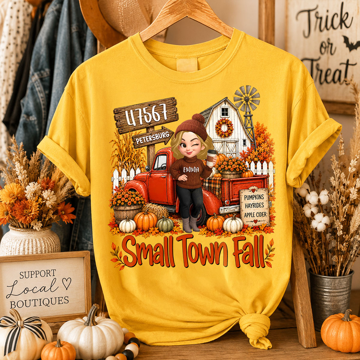 Small Town Fall Pumpkin Hayrides - Personalized Shirt - Custom Pumpkin Farm Trendy Fall Tee