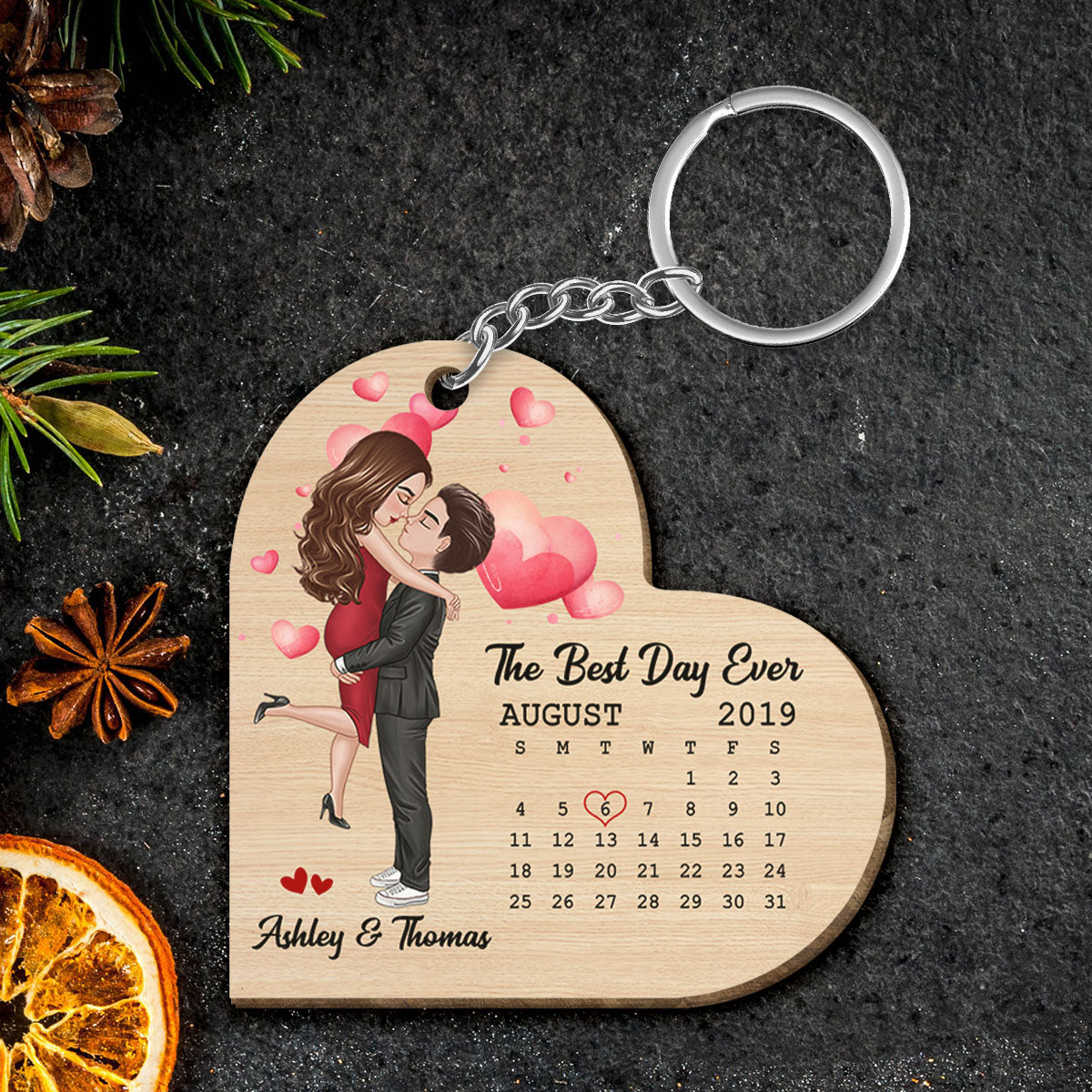 Doll Couple Hugging Kissing Calendar Anniversary Date Heart Shaped Personalized Wooden Keychain