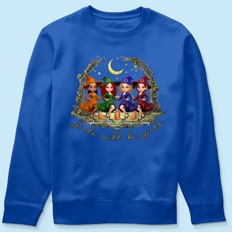 Halloween Witch Besties Sisters Friends Under Moon Personalized Sweatshirt, Halloween Matching Shirt