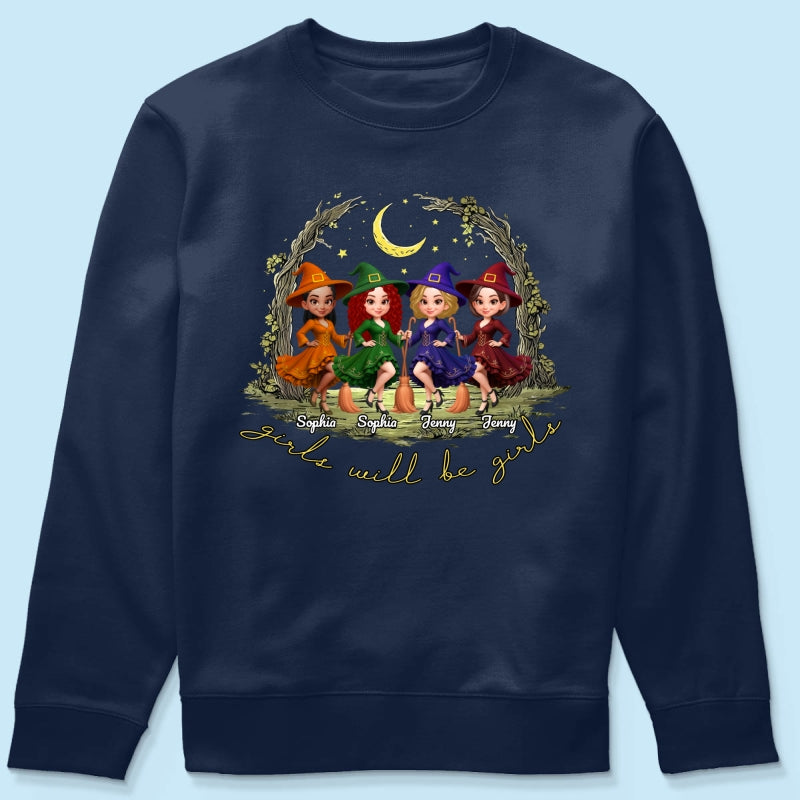 Halloween Witch Besties Sisters Friends Under Moon Personalized Sweatshirt, Halloween Matching Shirt