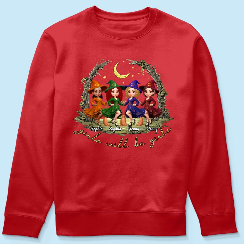 Halloween Witch Besties Sisters Friends Under Moon Personalized Sweatshirt, Halloween Matching Shirt