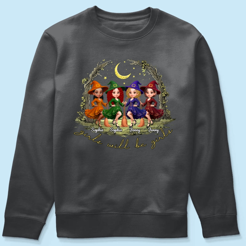 Halloween Witch Besties Sisters Friends Under Moon Personalized Sweatshirt, Halloween Matching Shirt