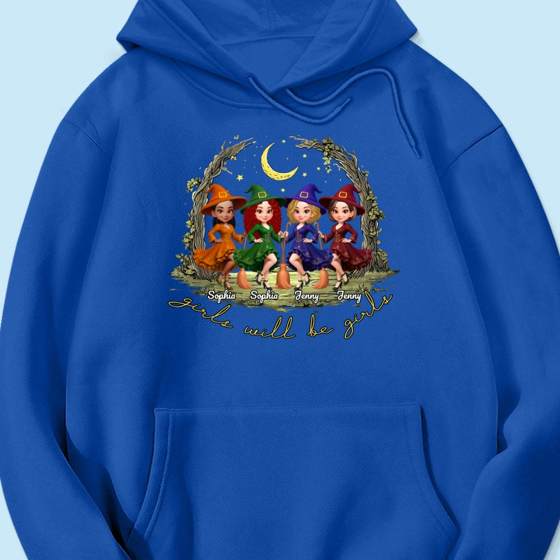 Halloween Witch Besties Sisters Friends Under Moon Personalized Sweatshirt, Halloween Matching Shirt