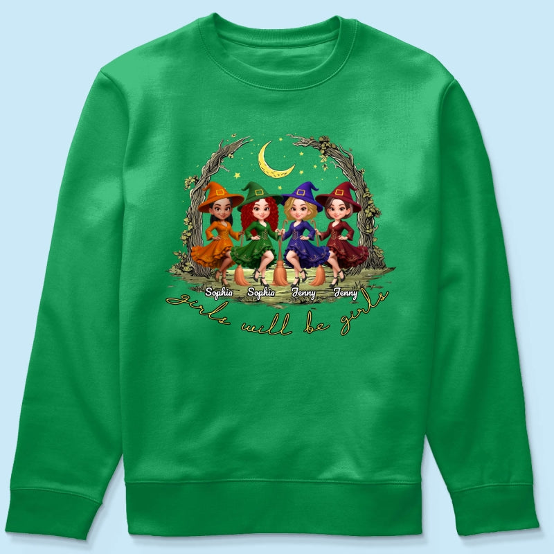 Halloween Witch Besties Sisters Friends Under Moon Personalized Sweatshirt, Halloween Matching Shirt