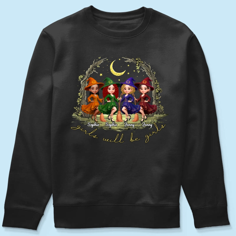 Halloween Witch Besties Sisters Friends Under Moon Personalized Sweatshirt, Halloween Matching Shirt