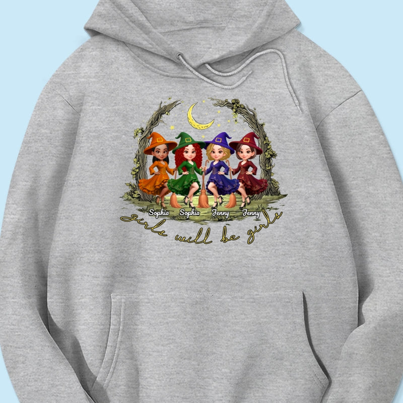 Halloween Witch Besties Sisters Friends Under Moon Personalized Sweatshirt, Halloween Matching Shirt