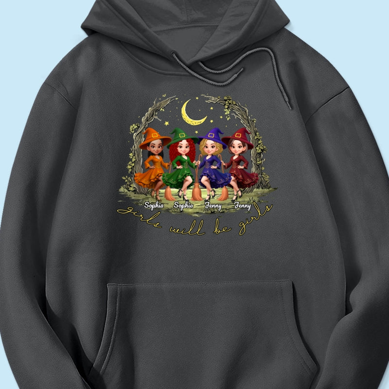 Halloween Witch Besties Sisters Friends Under Moon Personalized Sweatshirt, Halloween Matching Shirt