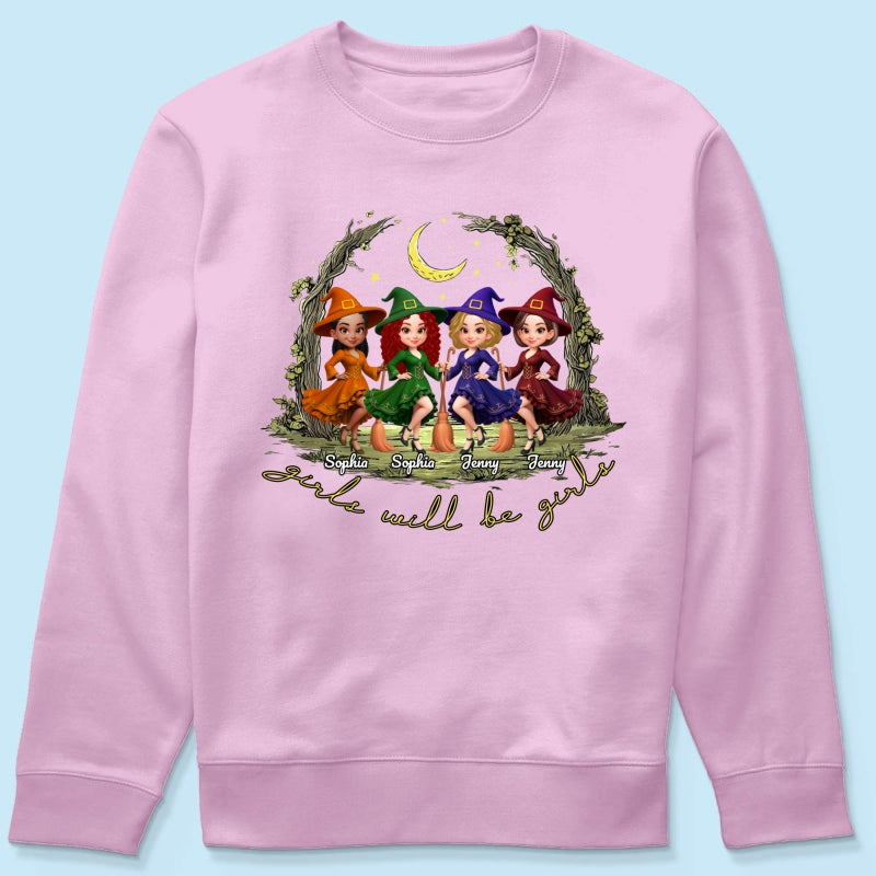 Halloween Witch Besties Sisters Friends Under Moon Personalized Sweatshirt, Halloween Matching Shirt