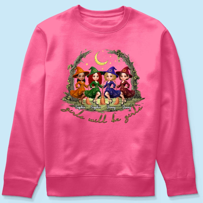 Halloween Witch Besties Sisters Friends Under Moon Personalized Sweatshirt, Halloween Matching Shirt