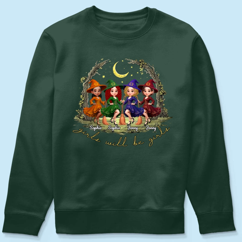 Halloween Witch Besties Sisters Friends Under Moon Personalized Sweatshirt, Halloween Matching Shirt