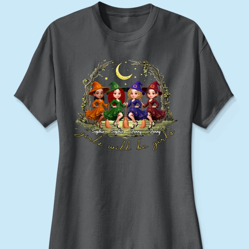 Halloween Witch Besties Sisters Friends Under Moon Personalized Sweatshirt, Halloween Matching Shirt