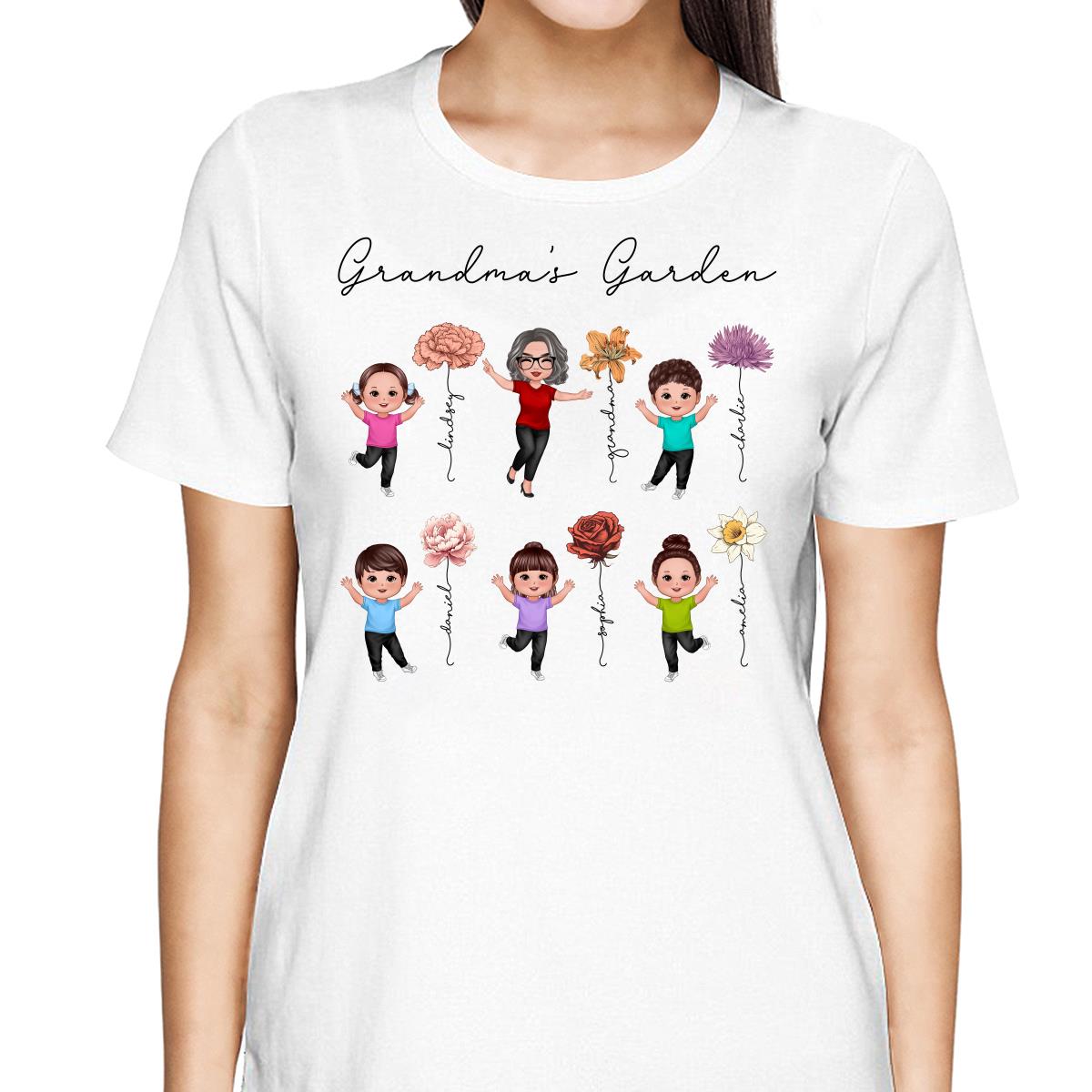Happy Grandkids Grandma Garden Vintage Birth Month Flowers Mother‘s Day Gift Personalized Shirt