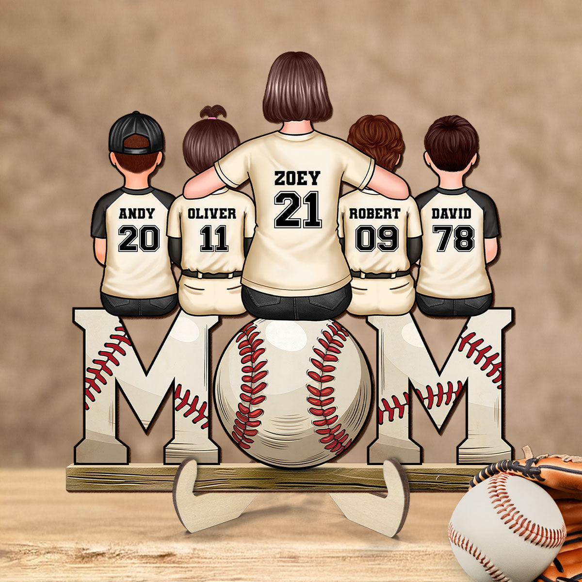 Baseball, Softball Mom And Kids Personalized 2 Layer Wooden Plaque, Gift for Mom, Gift for Wife