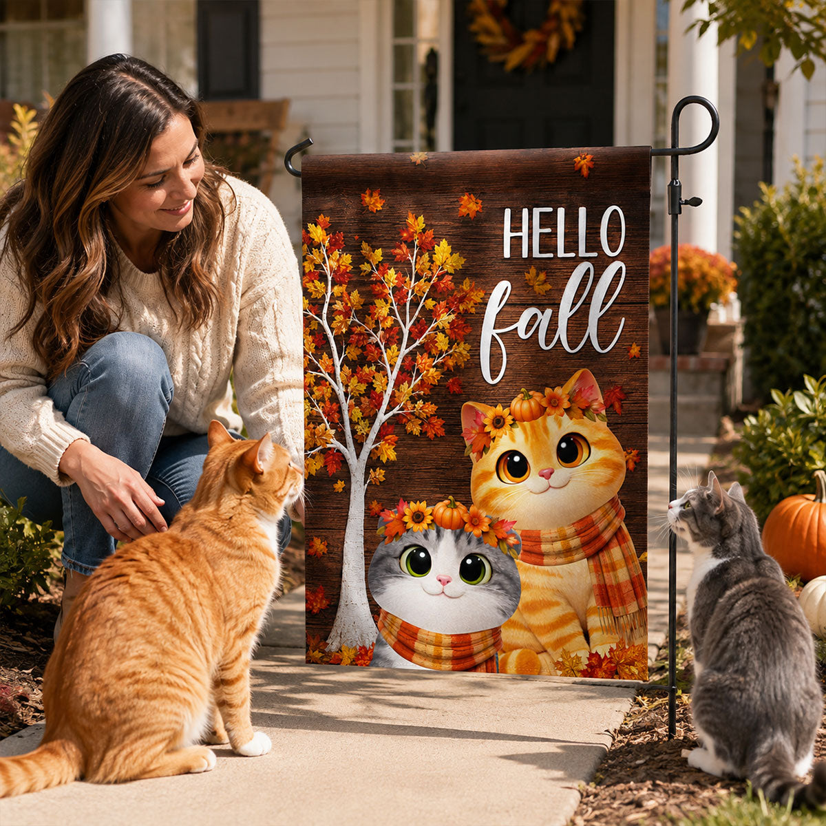 Hello Fall 'Tis the Season Cute Cats - Personalized Garden Flag - Fall Decor for Cat Lovers