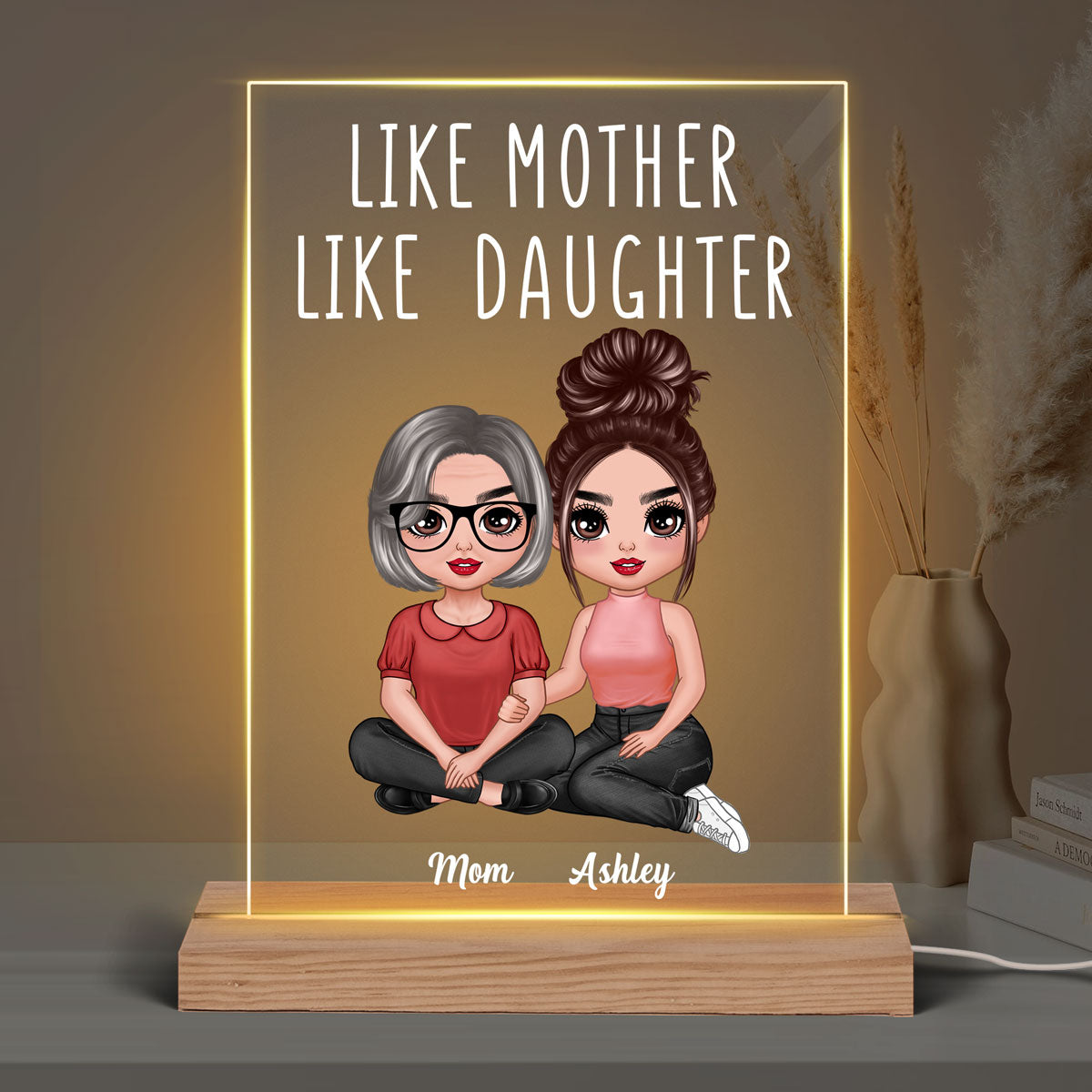 Embracing Doll Mom Daughters Sitting Like Mother Like Daughter Personalized Rectangle Acrylic Plaque LED Night Light