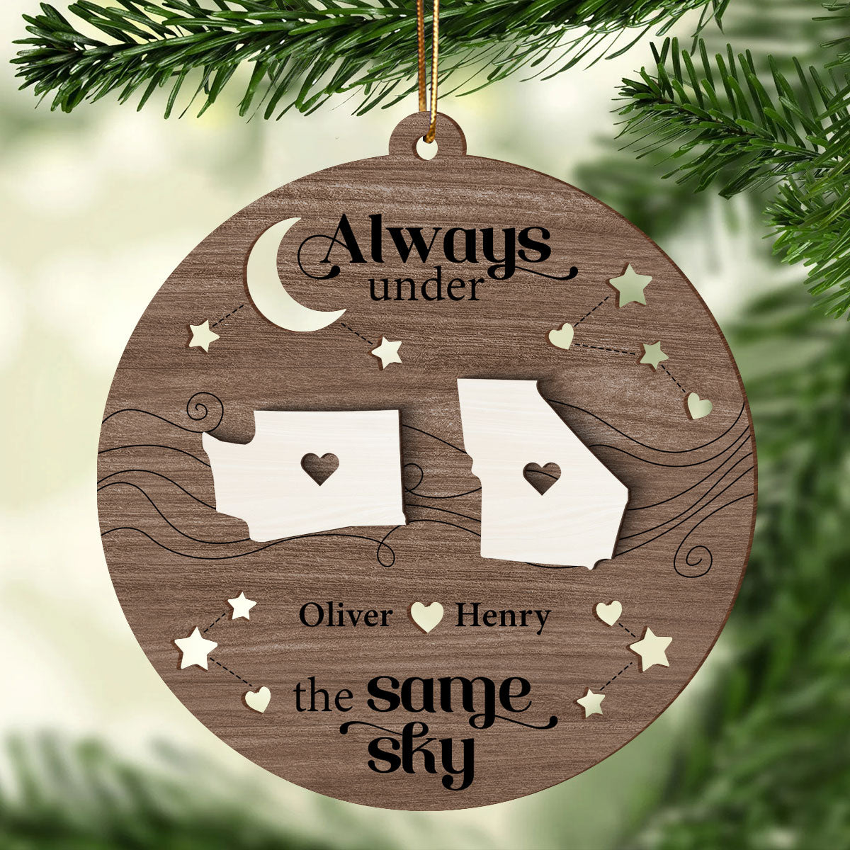 Always Under The Same Sky, Christmas Gifts for Boyfriend Girlfriend Personalized 2-Layered Wooden Ornament, Long Distance Relationship Gift