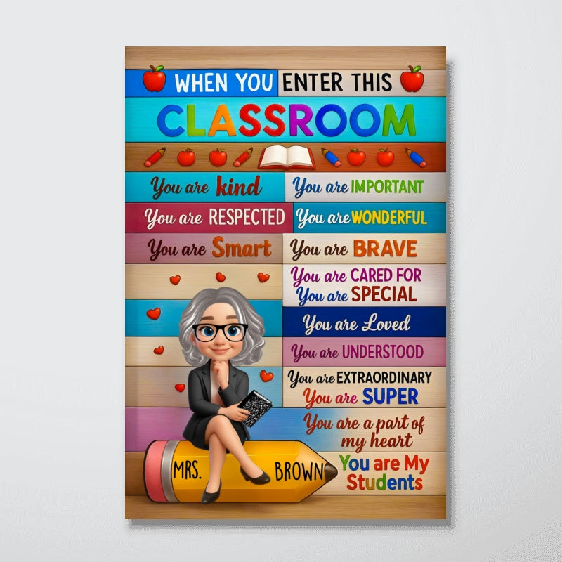 3D Cartoon Teacher Sitting On Pencil Personalized Poster, Classroom Decoration, Back To School Gift For Teacher