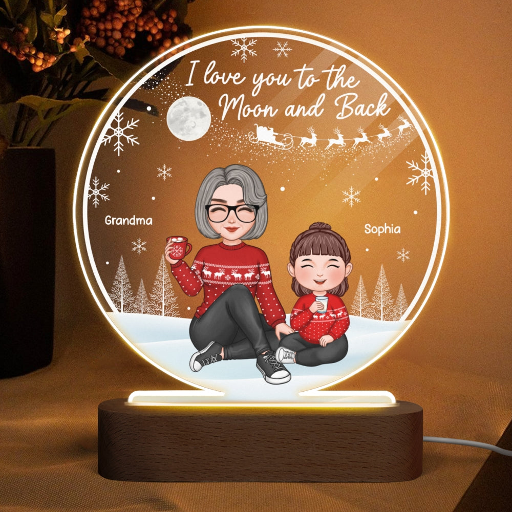 Cute Grandma & Grandkid Sitting On Snow Love You To The Moon And Back Gift For Granddaughter Grandson Christmas Personalized Acrylic Plaque Circle LED Night Light